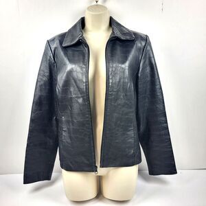 KC Collections  Women’s Leather Jacket, Crocodile Print Black Size Small